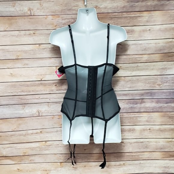 Black Lace Bustier Thong Lingerie Set with Cream Embroidery, M/L - Picture 8 of 8